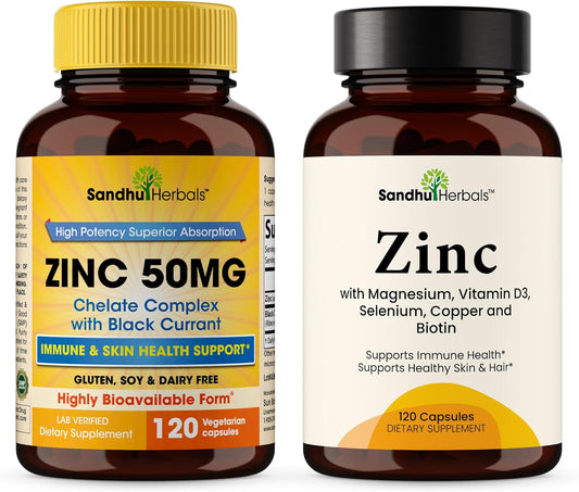 SANDHUHERBALS Zinc 50mg Bundle with Zinc 30mg Vitamin D3, Magnesium, Selenium, Vitamin B6, B7 (Biotin), Copper | Supports Immune, Skin, Hair & Nails Health