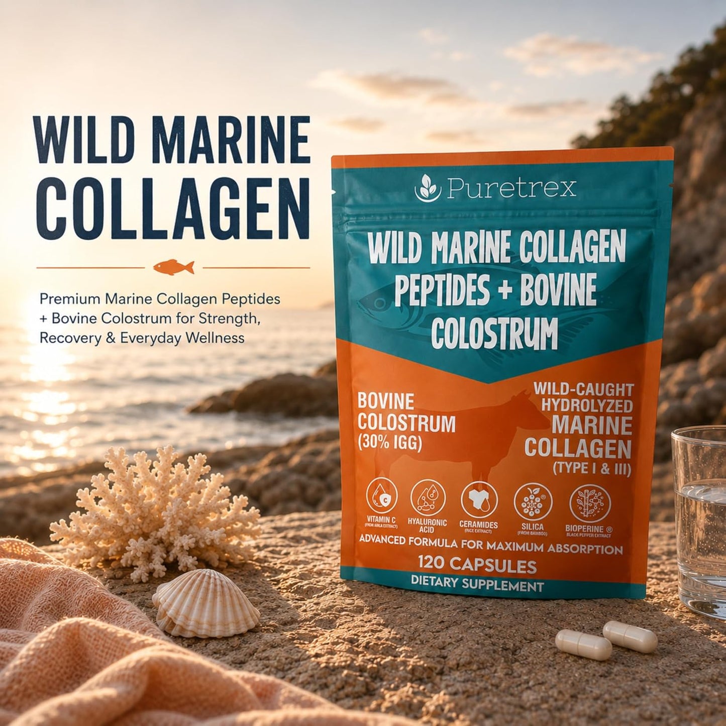 Marine Collagen Peptides Capsules, 120 Capsules with Bovine Colostrum, Hydrolyzed Type I & III Wild-Caught Formula, Hyaluronic Acid, Amla Vitamin C, Silica, Ceramides, BioPerine