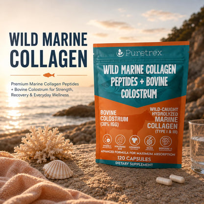Marine Collagen Peptides Capsules, 120 Capsules with Bovine Colostrum, Hydrolyzed Type I & III Wild-Caught Formula, Hyaluronic Acid, Amla Vitamin C, Silica, Ceramides, BioPerine
