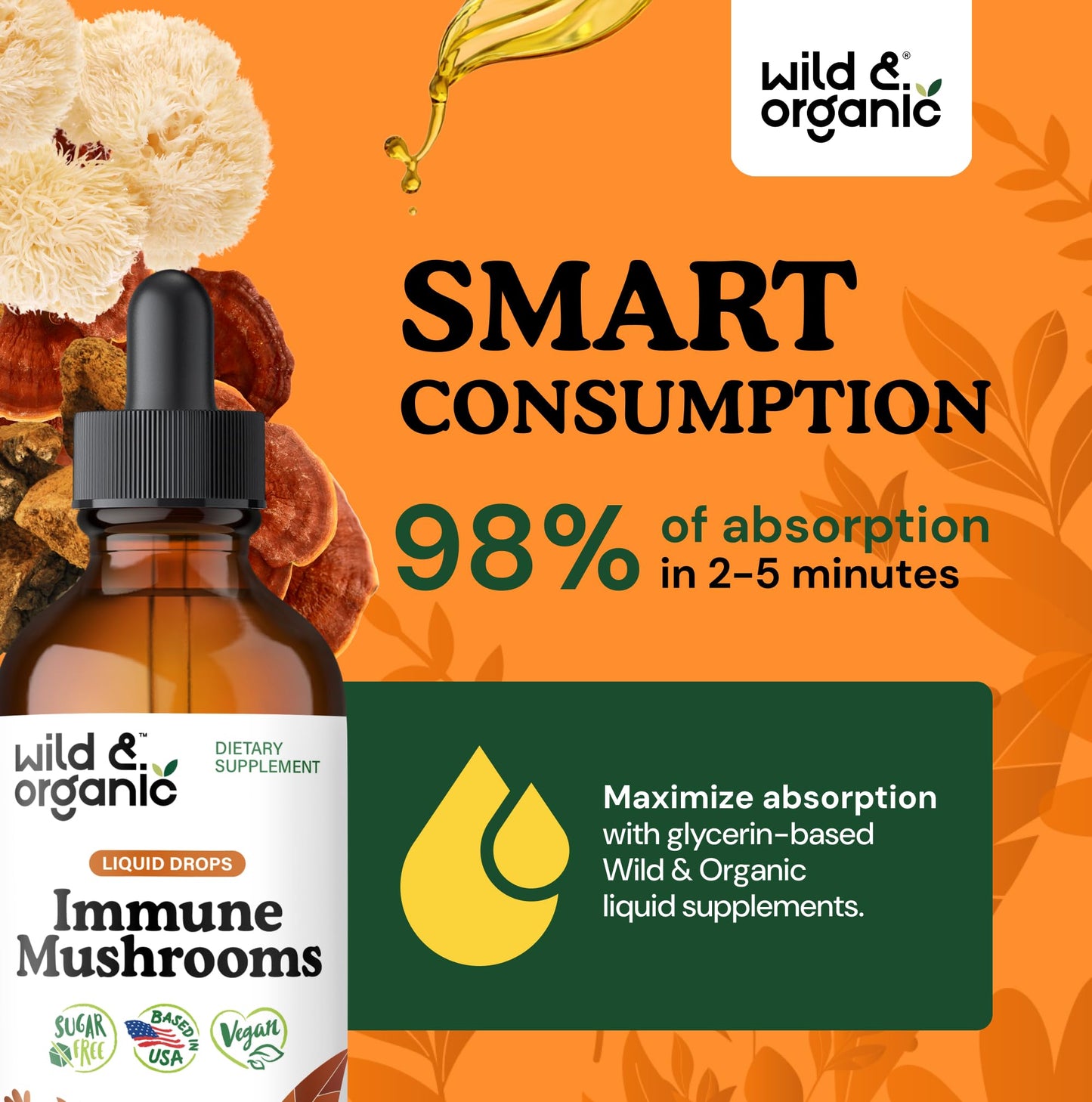 Wild & Organic Immune Mushroom Tincture - 8-in-1 Immune Support with Chaga, Reishi, Turkey Tail, Lion’s Mane, Maitake Extract - Liquid Mushroom Supplement - Vegan, Sugar & Alcohol-Free Drops - 4 oz