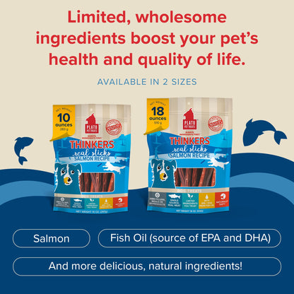 Plato Pet Treats Thinkers - Meat Stick Treats for Dogs - Limited Ingredient with EPA and DHA to Support Skin, Coat, and Brain - Air-Dried - Thinkers Salmon 10oz - 2 Pack