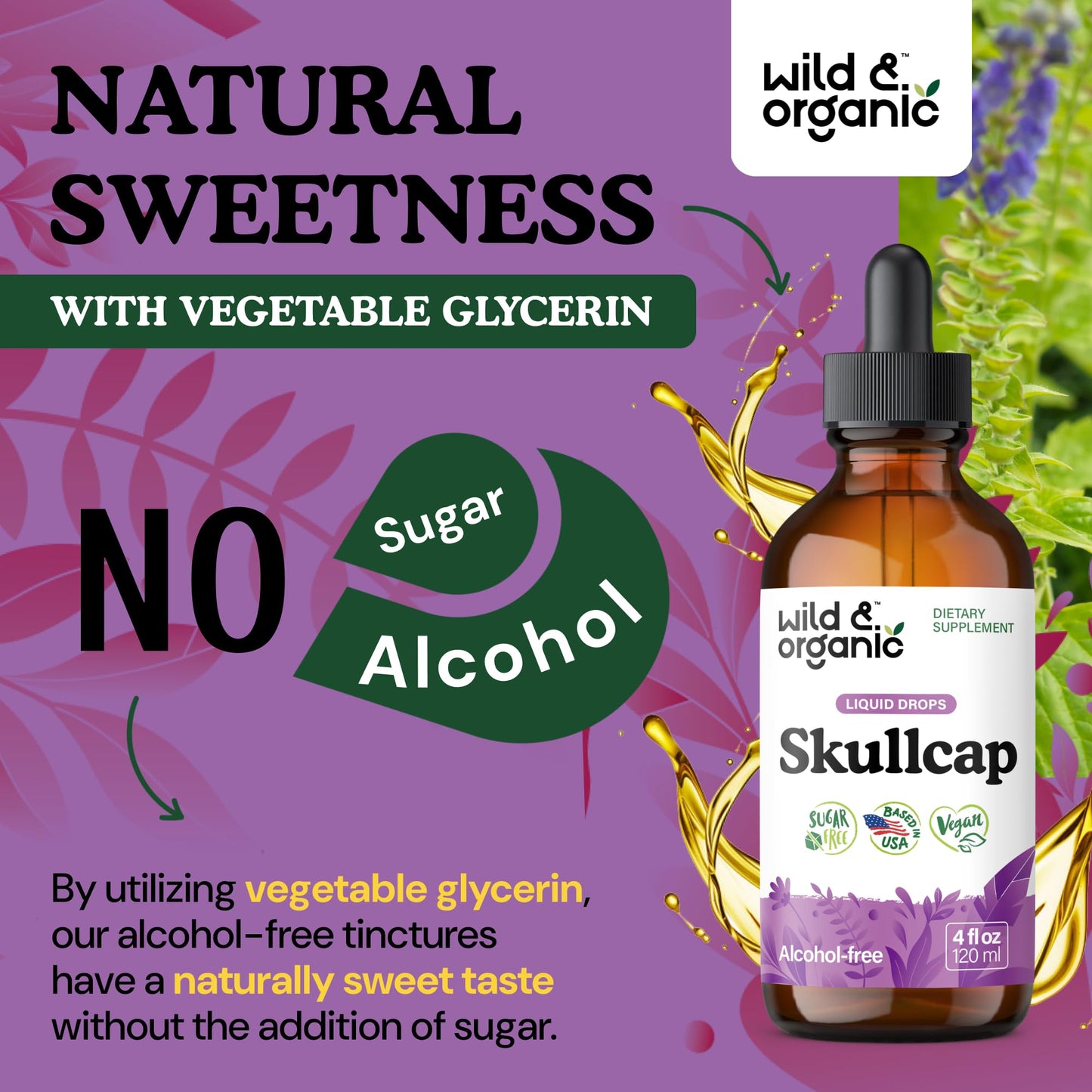 Wild & Organic Skullcap Herb Tincture - Skullcap Supplement for Mood Support - Relaxing Liquid Extract Drops - Vegan, Sugar & Alcohol-Free - 4 fl oz