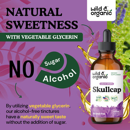 Wild & Organic Skullcap Herb Tincture - Skullcap Supplement for Mood Support - Relaxing Liquid Extract Drops - Vegan, Sugar & Alcohol-Free - 4 fl oz