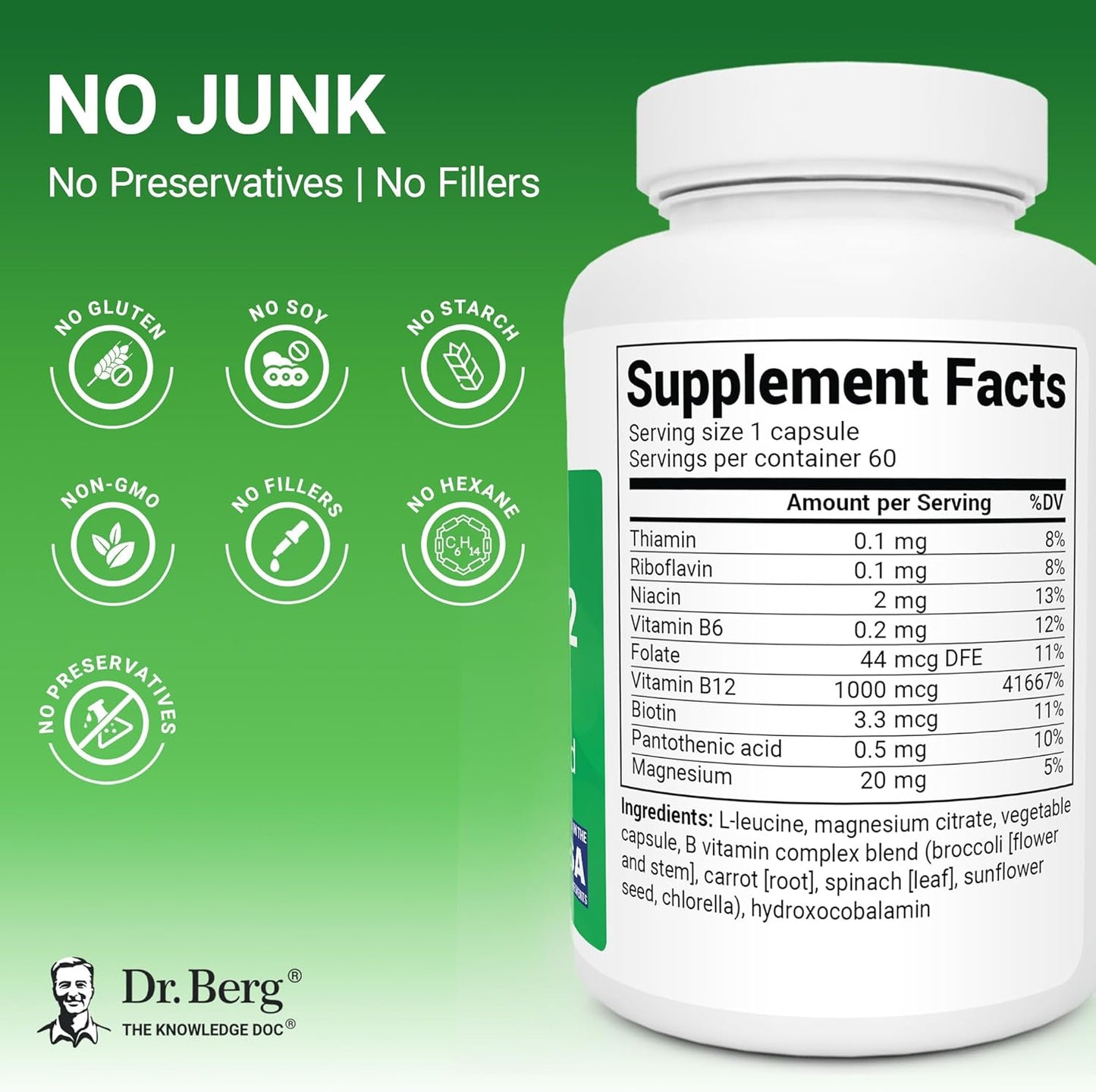 Dr. Berg Natural Vitamin B12 1000 mcg (Hydroxocobalamin) 60 Capsules – Energy, Brain & Nervous System Support* – w/B-Complex + Magnesium – 4X Lab Tested, GMO-Free, No Fillers