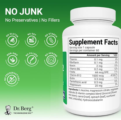 Dr. Berg Natural Vitamin B12 1000 mcg (Hydroxocobalamin) 60 Capsules – Energy, Brain & Nervous System Support* – w/B-Complex + Magnesium – 4X Lab Tested, GMO-Free, No Fillers