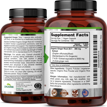 Zazzee USDA Organic Ginger Root 20:1 Extract, 5% Gingerols, 100 Vegan Capsules, 3+ Month Supply, Zingiber Officinale, Digestive & Stomach Support, All-Natural, Non-GMO, Made in the USA