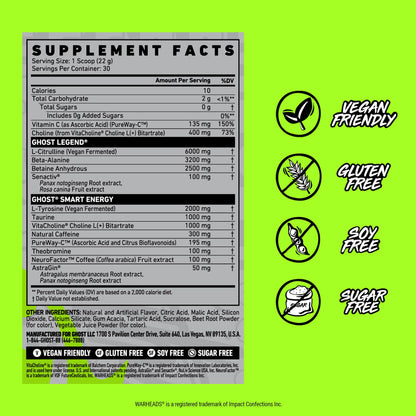 GHOST Legend Pre Workout Powder, Sonic Cherry Limeade - 30 Servings – Pre-Workout for Men & Women with Choline, L-Citrulline, & Beta Alanine for Energy & Focus