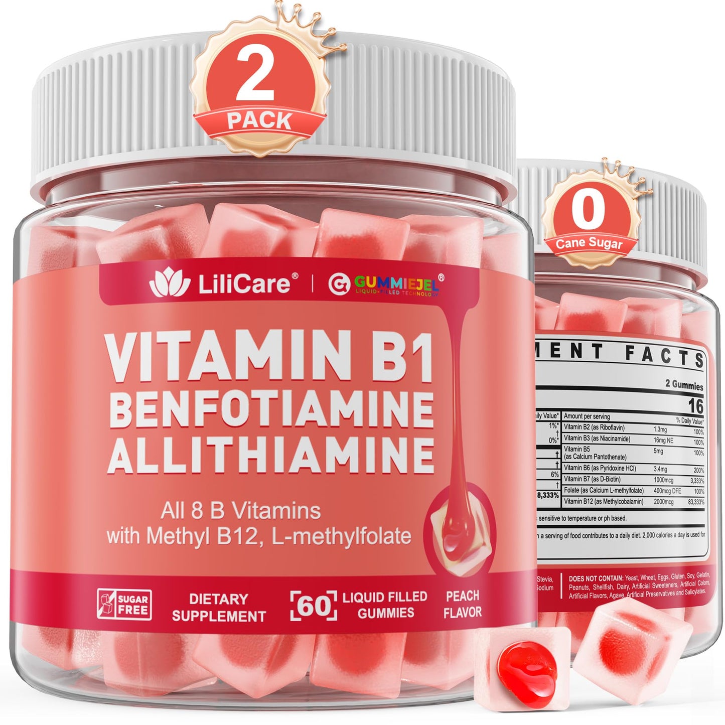 Vitamin B1 & Methylated Vitamin B Complex Gummies, GLP-1 Friendly B Vitamins + Benfotiamine + Thiamine & Inositol, B1 B2 B6 Multivitamins, L-methylfolate, Methyl B12 for Nerve Cognition Energy, 60 Cts