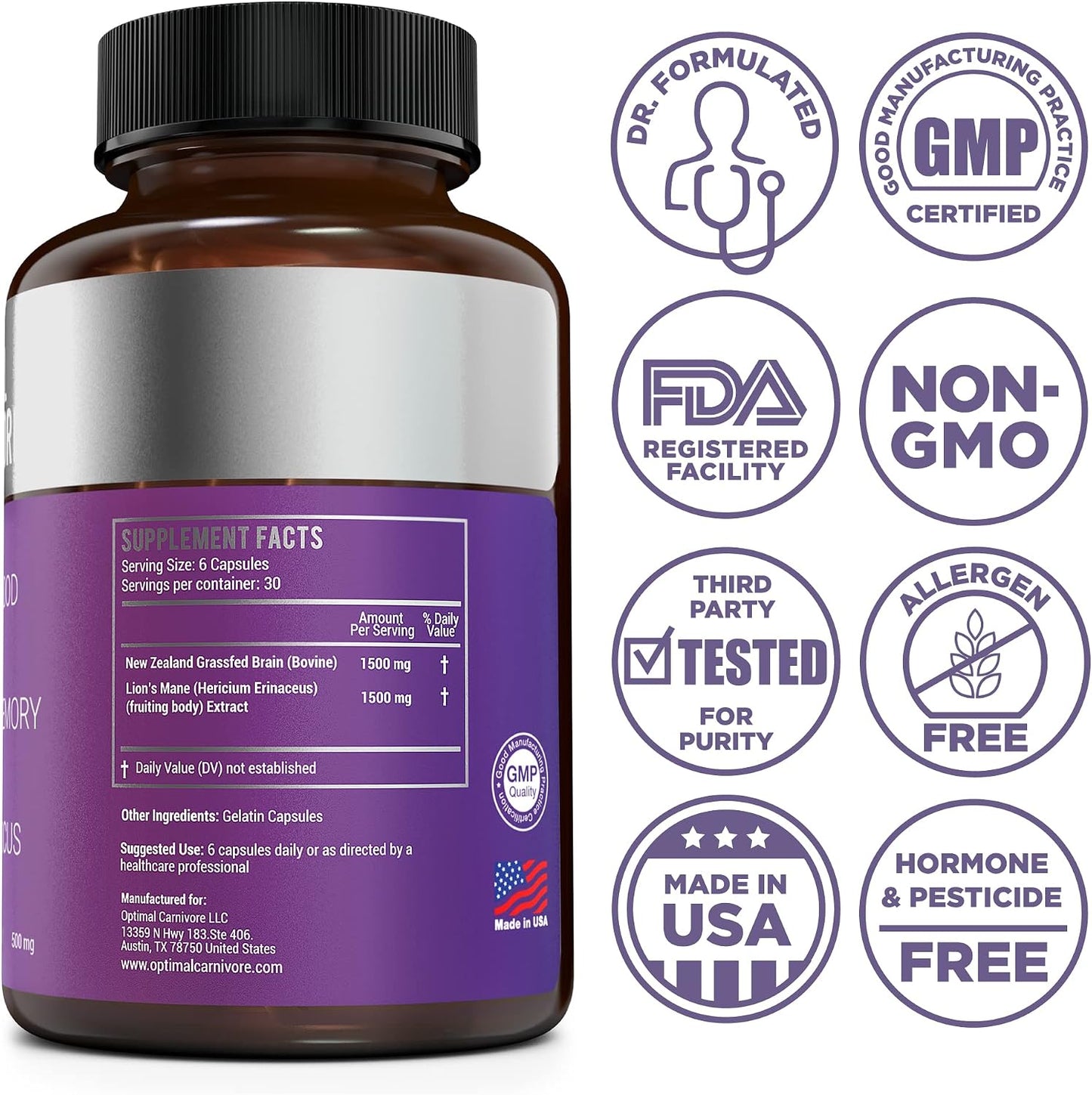 Optimal Carnivore Lions Mane Mushroom Supplement & Beef Brain, Powerful Nootropics Brain Support Supplement, Brain Supplements for Memory and Focus, 180 Capsules