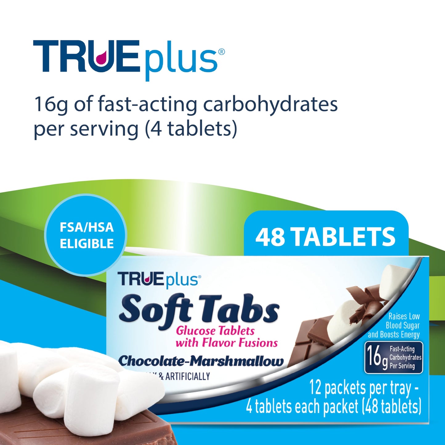 TRUEplus Soft Tabs Glucose Tablets, Cherry Pop Flavor, 4 Count, 12 Packs | Chewable Tablets, 16g Fast-Acting Carbohydrates, Fat Free, Gluten Free, Boosts Energy, Great Tasting and Easy to Use