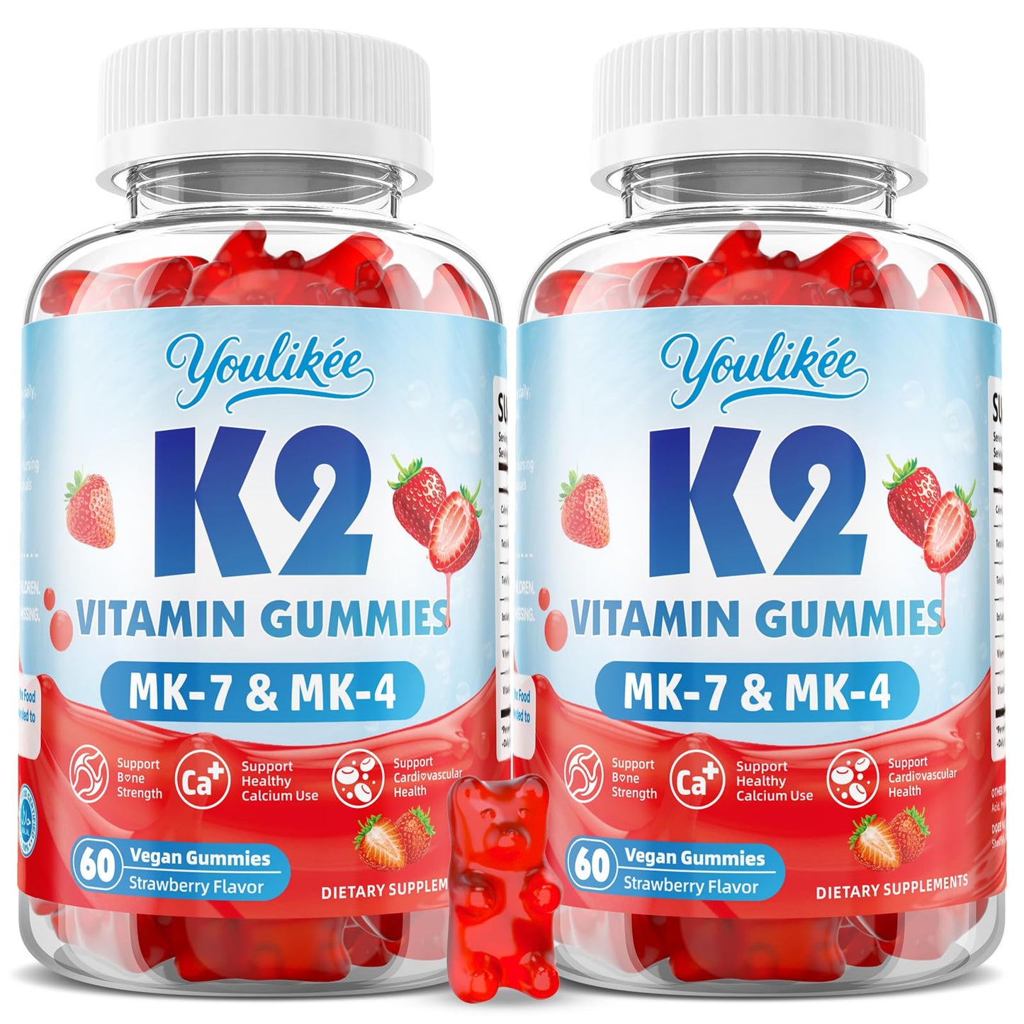 Vitamin K2 Gummies, Dual Formula Vitamin K2 Supplement with MK-7 & MK-4, Supports Bone Health, Gluten-Free, Sugar-Free, Non-GMO, Strawberry Flavor, 60 Gummies