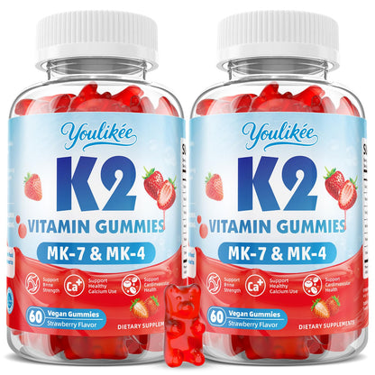 Vitamin K2 Gummies, Dual Formula Vitamin K2 Supplement with MK-7 & MK-4, Supports Bone Health, Gluten-Free, Sugar-Free, Non-GMO, Strawberry Flavor, 60 Gummies