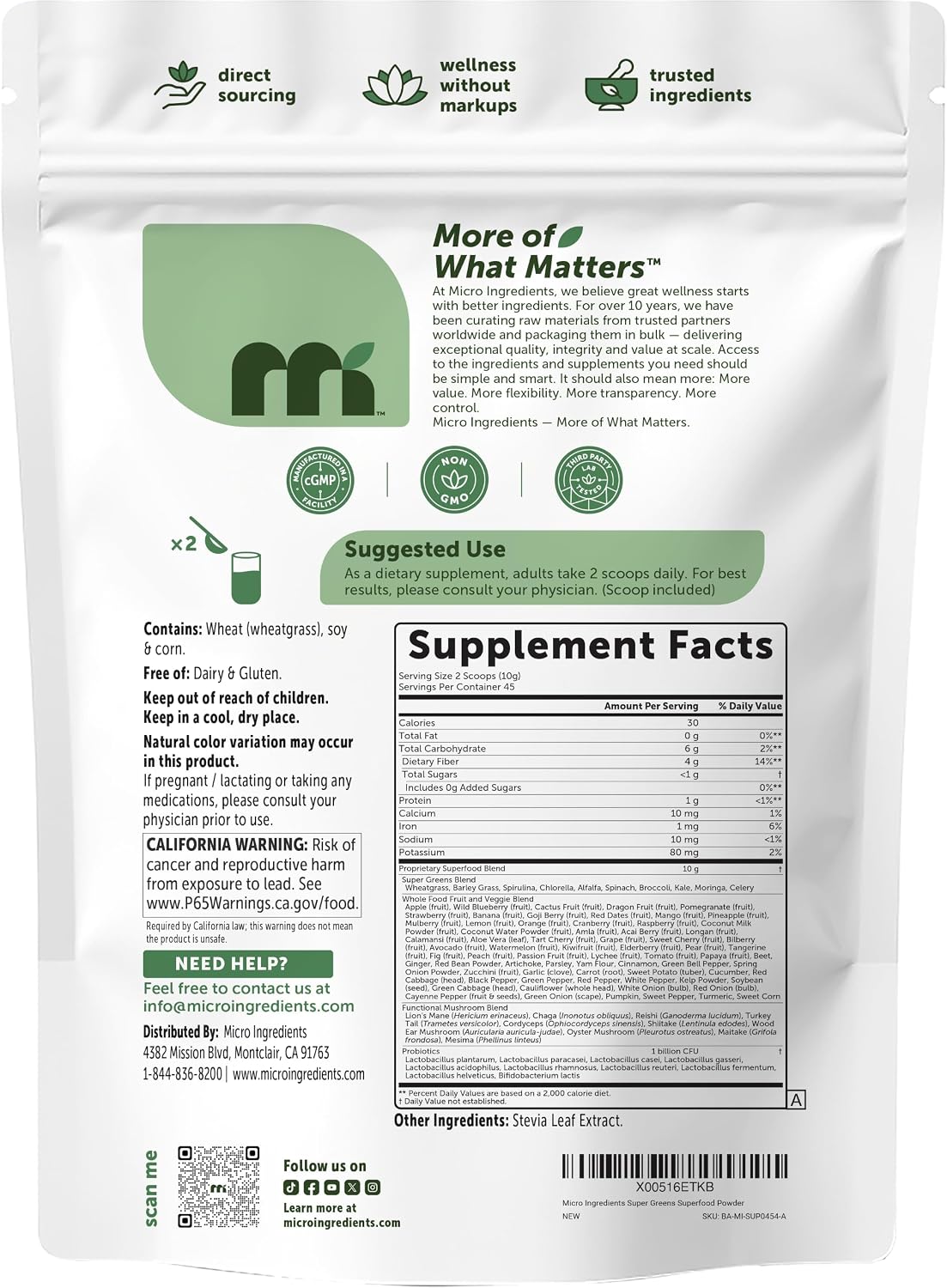 Micro Ingredients Super Greens Powder, 100 Superfoods, Green Drink Mix, 1lb | Superfood Blend with Daily Greens, Probiotics, Fruits, Vegetables & Mushrooms | 45 Servings | Non-GMO, Gluten-Free