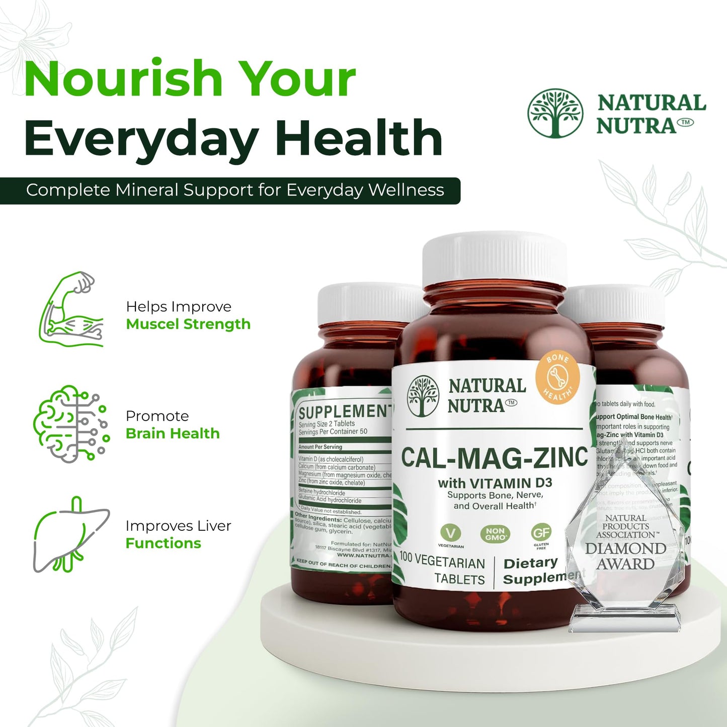Natural Nutra Calcium Magnesium Zinc (Cal-Mag Zinc) with Vitamin D3,100 | Bone, Teeth, Muscle & Nerve Support, Gluten Free, Sugar Free