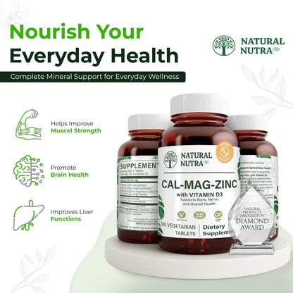 Natural Nutra Calcium Magnesium Zinc (Cal-Mag Zinc) with Vitamin D3,100 | Bone, Teeth, Muscle & Nerve Support, Gluten Free, Sugar Free