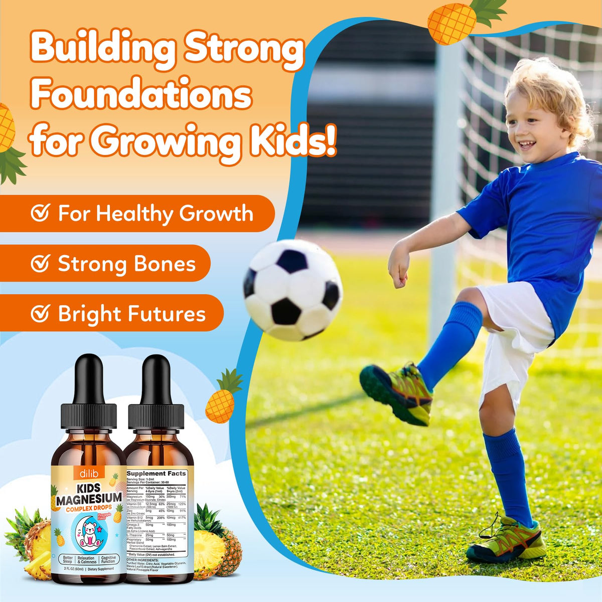Kids Magnesium Liquid Drops - Liquid Magnesium Glycinate for Kids, Citrate Supplement with L-theanine, Omega-3, Vitamin B12, D3 for Sleep, Calm, Relaxation, Brain, Bones, Strawberry 2 Fl Oz