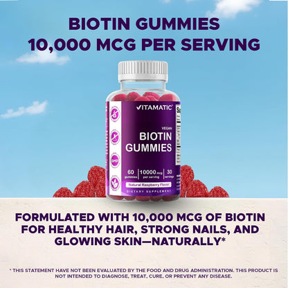 Vitamatic Biotin Gummies 10,000 mcg, 60 Vegan Gummies, Raspberry Flavor | 10000 mcg Per Serving, Natural Raspberry Flavor, Pectin Based, Non-GMO, Gluten Free, GMP Certified