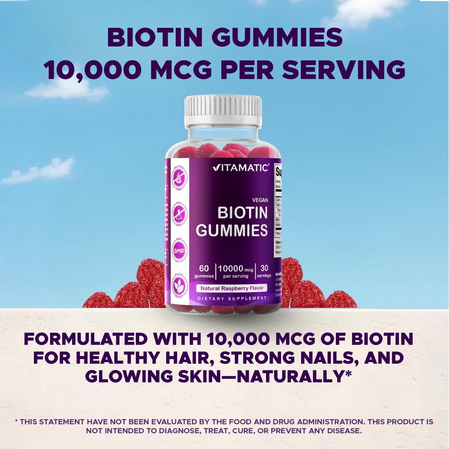 Vitamatic Biotin Gummies 10,000 mcg, 60 Vegan Gummies, Raspberry Flavor | 10000 mcg Per Serving, Natural Raspberry Flavor, Pectin Based, Non-GMO, Gluten Free, GMP Certified