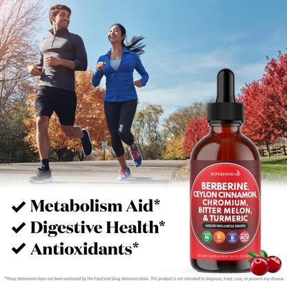 Berberine with Ceylon Cinnamon Supplement Liquid Drops + Bitter Melon Extract, Glucomannan, Gymnema, Chromium, Turmeric, Organic Panax Ginseng, Moringa 4oz