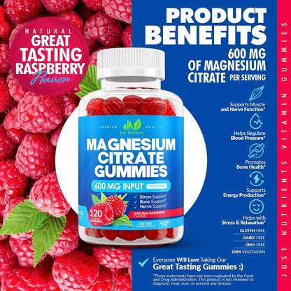 Magnesium Citrate 600mg Gummies (120 Count) - Maximum Strength, Supports Calm, Bone, Heart & Nerve Health - Gluten-Free, Non-GMO, Vegetarian, Great Tasting Raspberry Flavor - 60 Servings