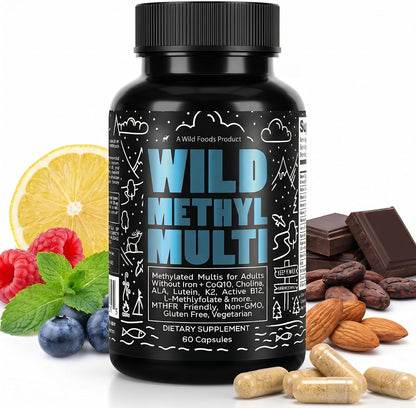 Wild Methylated Multivitamin for Women & Men | Daily Multi Vitamin | MTHFR Supplement Without Iron | Methylated B12, Folate, Vitamin C, A, K2, D, E, Choline, Biotin, ALA, CoQ10 & More (60 Capsules)