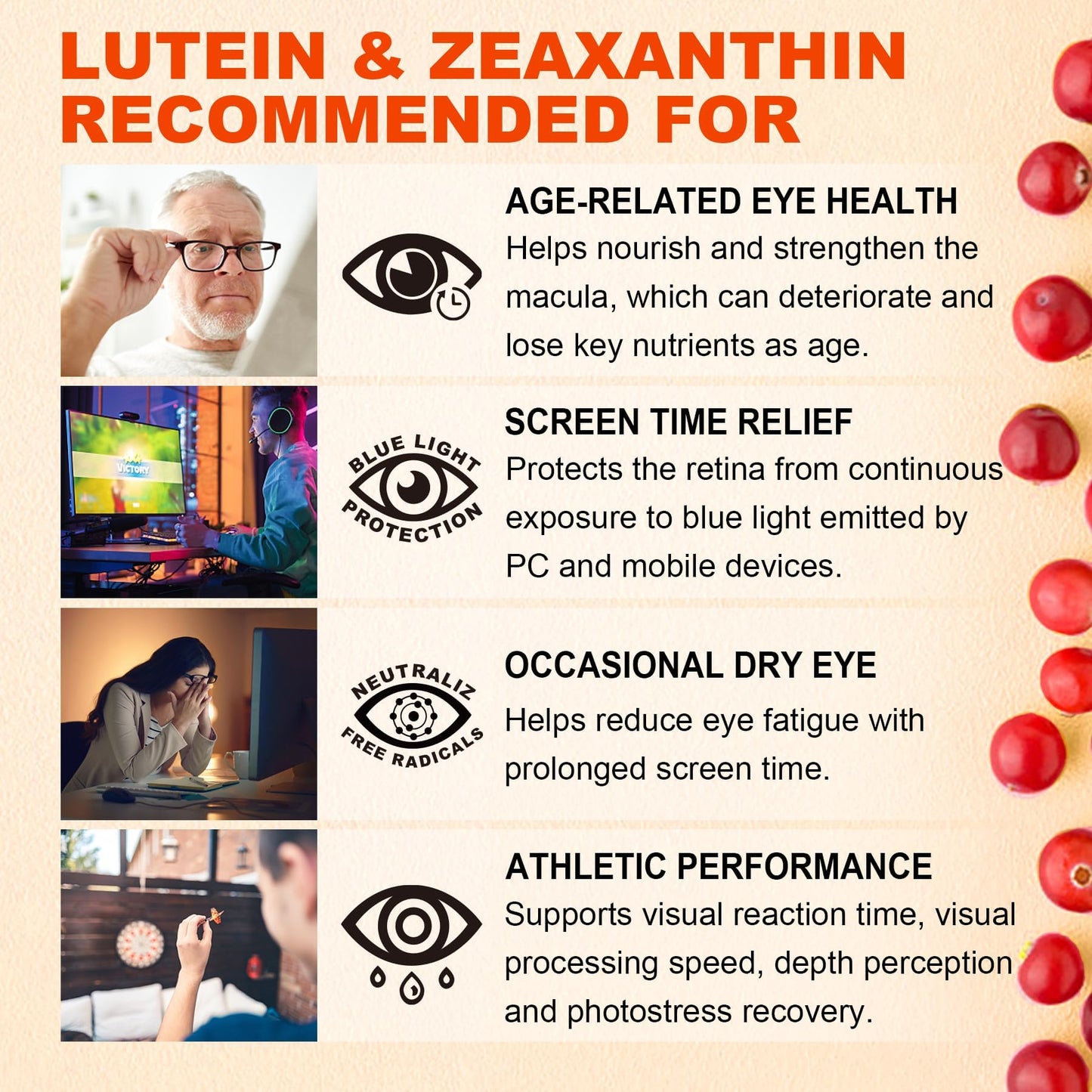 Sugar-Free Lutein Zeaxanthin Supplements Gummies (25mg) Vitamins A, C, E, Bilberry, Astaxanthin - Coconut Oil for Better Absorption - Adults & Teens Vision Health, Eye Strain, Dry Eyes - Vegan, 60Cts