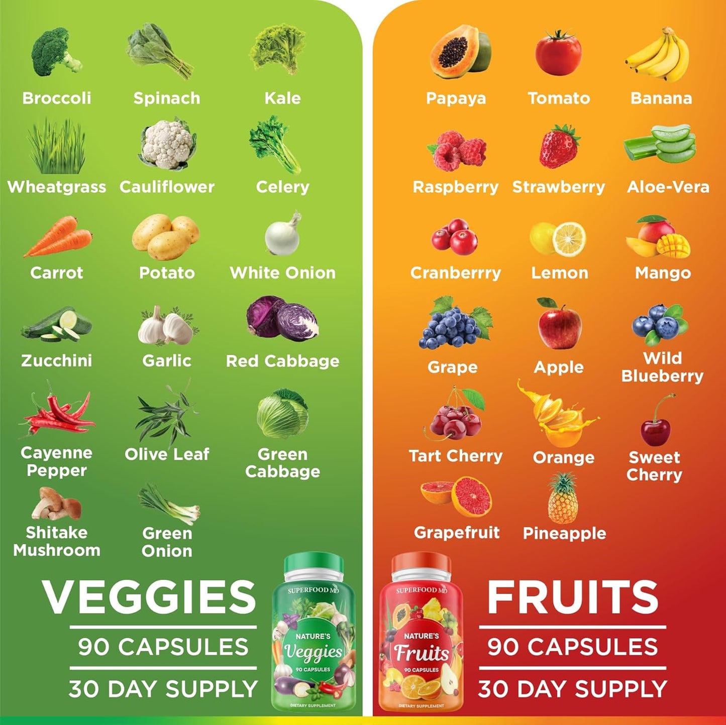 Superfood MD Fruits & Veggies Supplement - Whole Food Natural Superfoods - with Beta Carotene - Soy Free- 90 Count (Pack of 2)