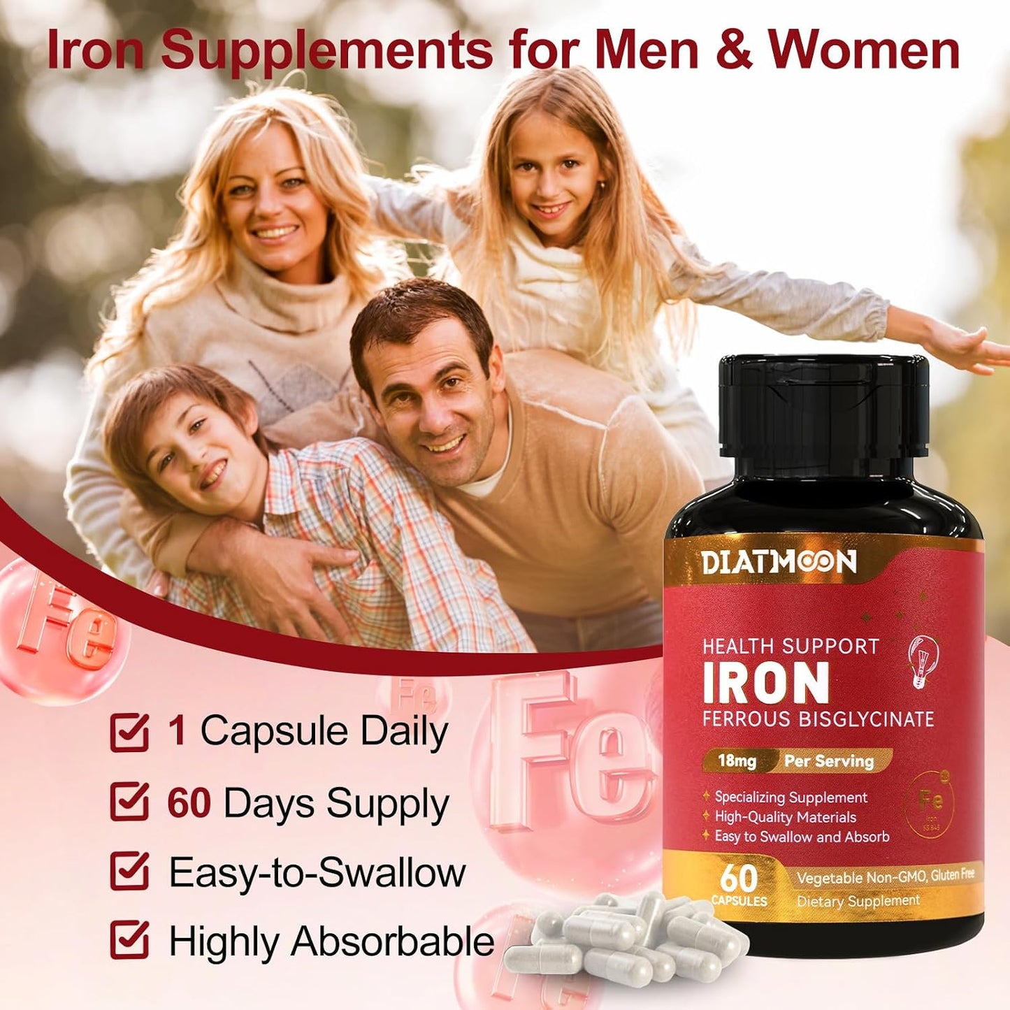 2 Pack Iron Supplement for Women & Men - Highly Absorbable Iron Bisglycinate Capsules for Adults,Vegan, Non-GMO, Gluten-Free, Supports Energy & Overall Wellbeing