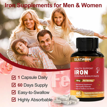 2 Pack Iron Supplement for Women & Men - Highly Absorbable Iron Bisglycinate Capsules for Adults,Vegan, Non-GMO, Gluten-Free, Supports Energy & Overall Wellbeing