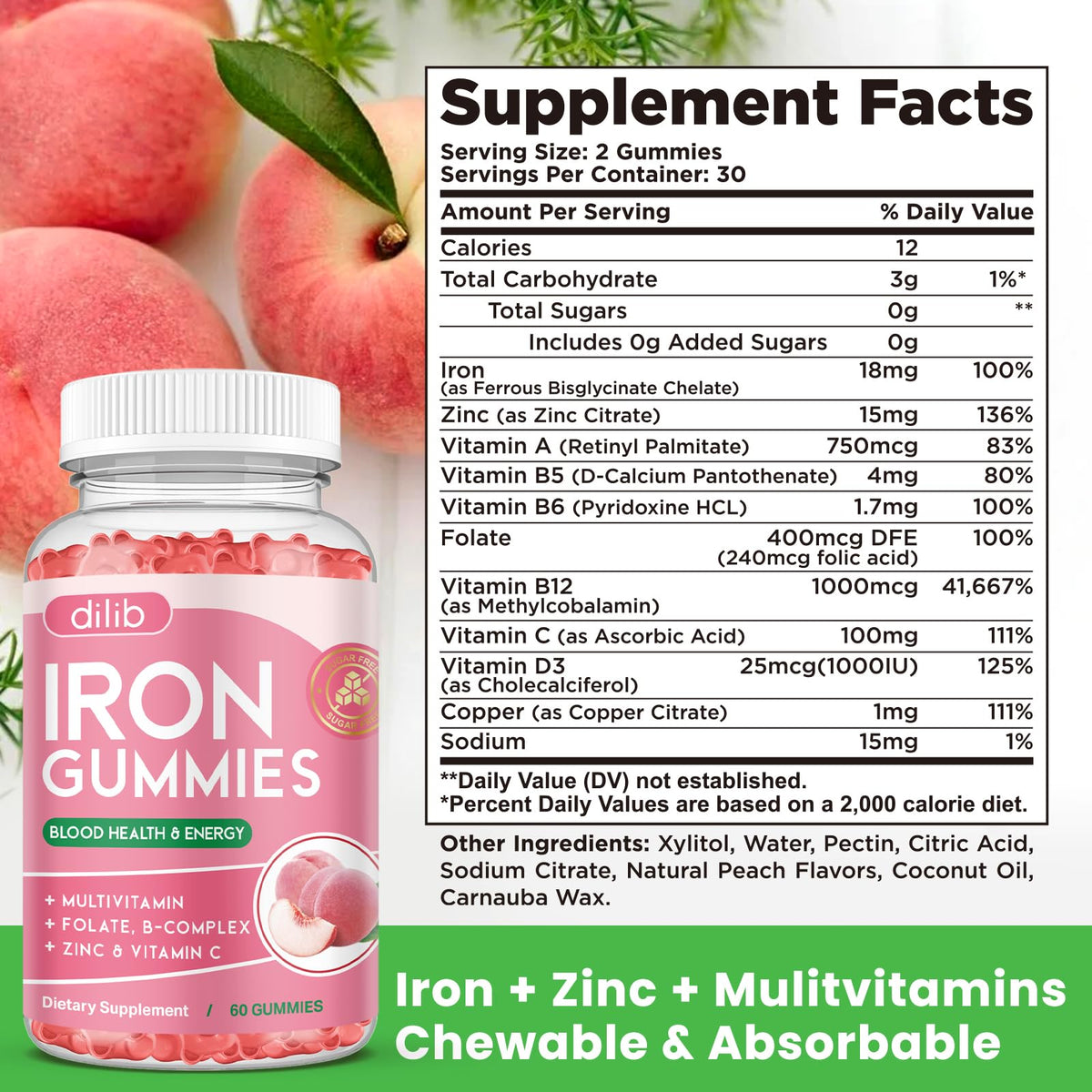 Iron Gummies with Multivitamin, Iron Supplement for Women & Men with Zinc, Vitamin B Complex & C, B12, Folate - Blood Builder & Energy Support for Adults & Kids - Strawberry Flavor, Vegan 60 Gummies