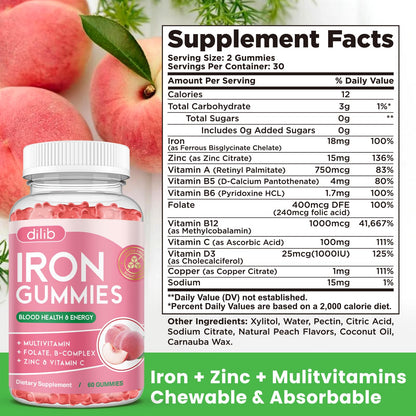 Iron Gummies with Multivitamin, Iron Supplement for Women & Men with Zinc, Vitamin B Complex & C, B12, Folate - Blood Builder & Energy Support for Adults & Kids - Strawberry Flavor, Vegan 60 Gummies