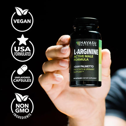 L-Arginine with Saw Palmetto for Men Capsules, Vegan, Non-GMO, 30 Servings | Vegan, Non-GMO Nitric Oxide and Prostate Health Supplements for Men, Endurance and Urinary Tract Function Support
