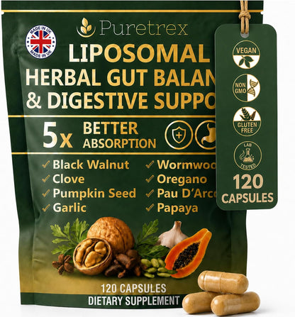 Parasite Cleanse for Humans - Liposomal Herbal Gut Detox Support, Combination with Black Walnut, Wormwood, Clove, Pumpkin Seed, Garlic, Oregano, Pau D’Arco & Papaya - Intestinal Support - 120 Capsules