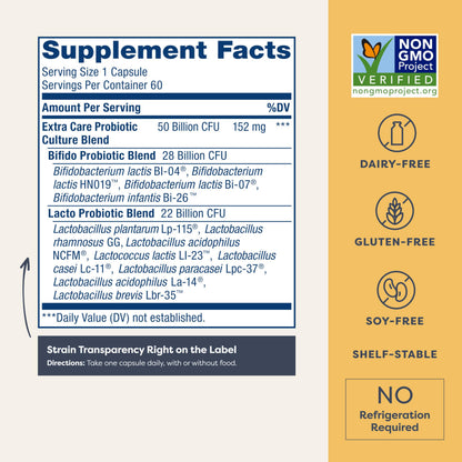 Renew Life Extra Care Digestive Probiotic 50 Billion CFU | 90 Vegetarian Capsules | Supports Digestive, Immune & Respiratory Health | Dairy, Soy and Gluten Free Supplement