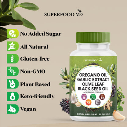 Superfood MD Oregano Oil Garlic Extract Olive Leaf Black Seed Oil Astragalus- for Women and Men- 60 Count