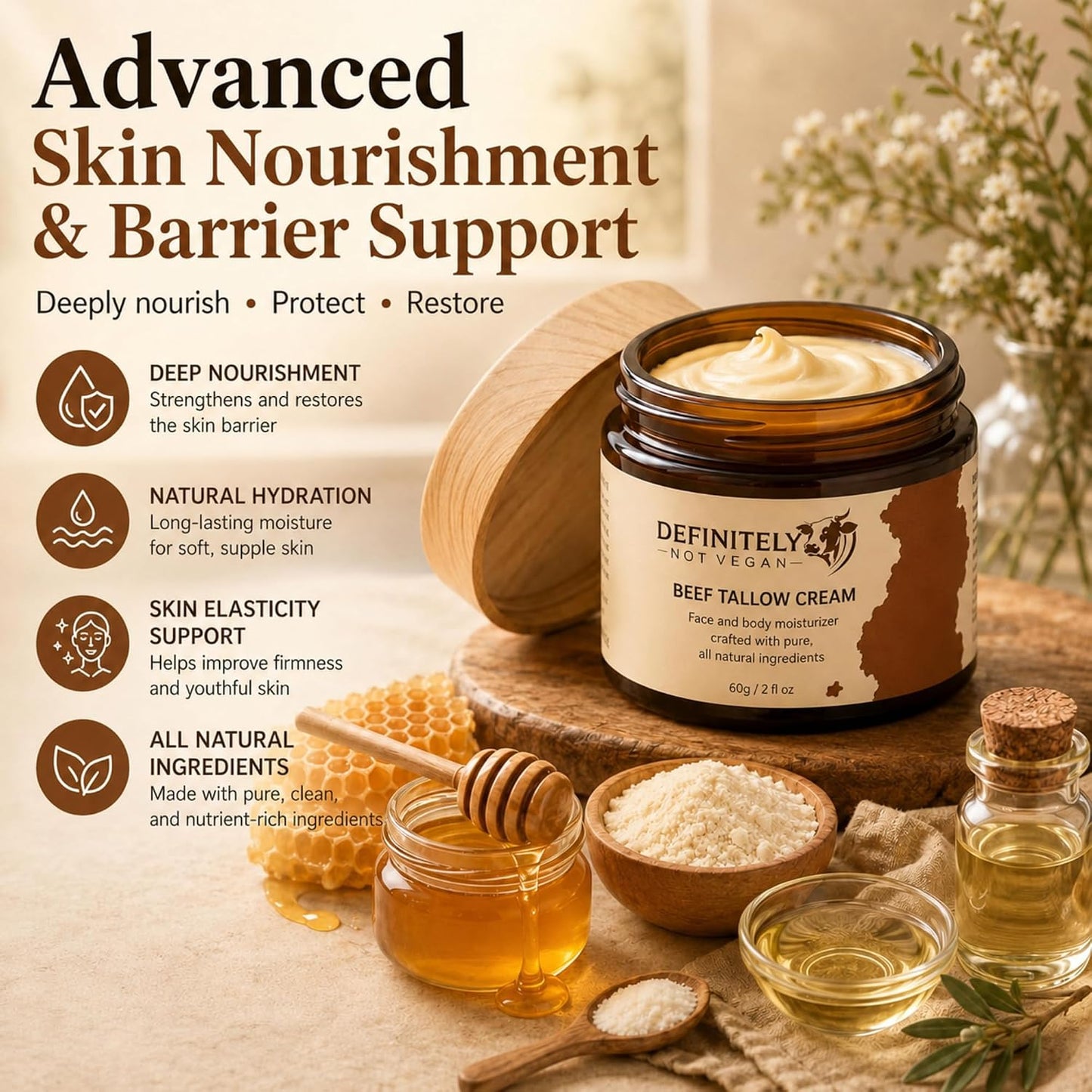 Beef Tallow Cream for Face and Body, Grass Fed Tallow Moisturizer with Manuka Honey, Collagen and Emu Oil, Unscented Handmade Skin Cream for Dry Skin, 2 fl oz