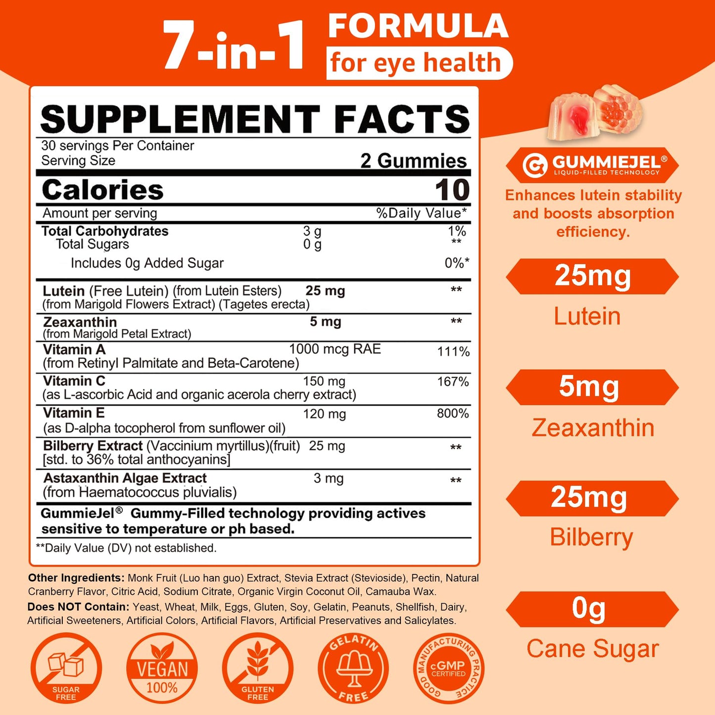 Sugar-Free Lutein Zeaxanthin Supplements Gummies (25mg) Vitamins A, C, E, Bilberry, Astaxanthin - Coconut Oil for Better Absorption - Adults & Teens Vision Health, Eye Strain, Dry Eyes - Vegan, 60Cts