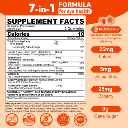 Sugar-Free Lutein Zeaxanthin Supplements Gummies (25mg) Vitamins A, C, E, Bilberry, Astaxanthin - Coconut Oil for Better Absorption - Adults & Teens Vision Health, Eye Strain, Dry Eyes - Vegan, 60Cts