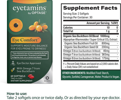 eyetamins® by OPTASE® Eye Comfort™ - 60 Softgels - Eye Doctor Recommended - an Omega-Based Eye Supplement formulated to Support Moisture Balance and Eye Comfort from Within. Plant Based Soft gels.