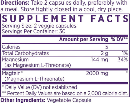 NAOMI Magtein® Magnesium L-Threonate 2000mg - Supports Healthy Cognitive Function, Working Memory & Focus - Patented MIT-Developed Formula, Brain Magnesium Support, Non-GMO, Vegan, 30-Day Supply