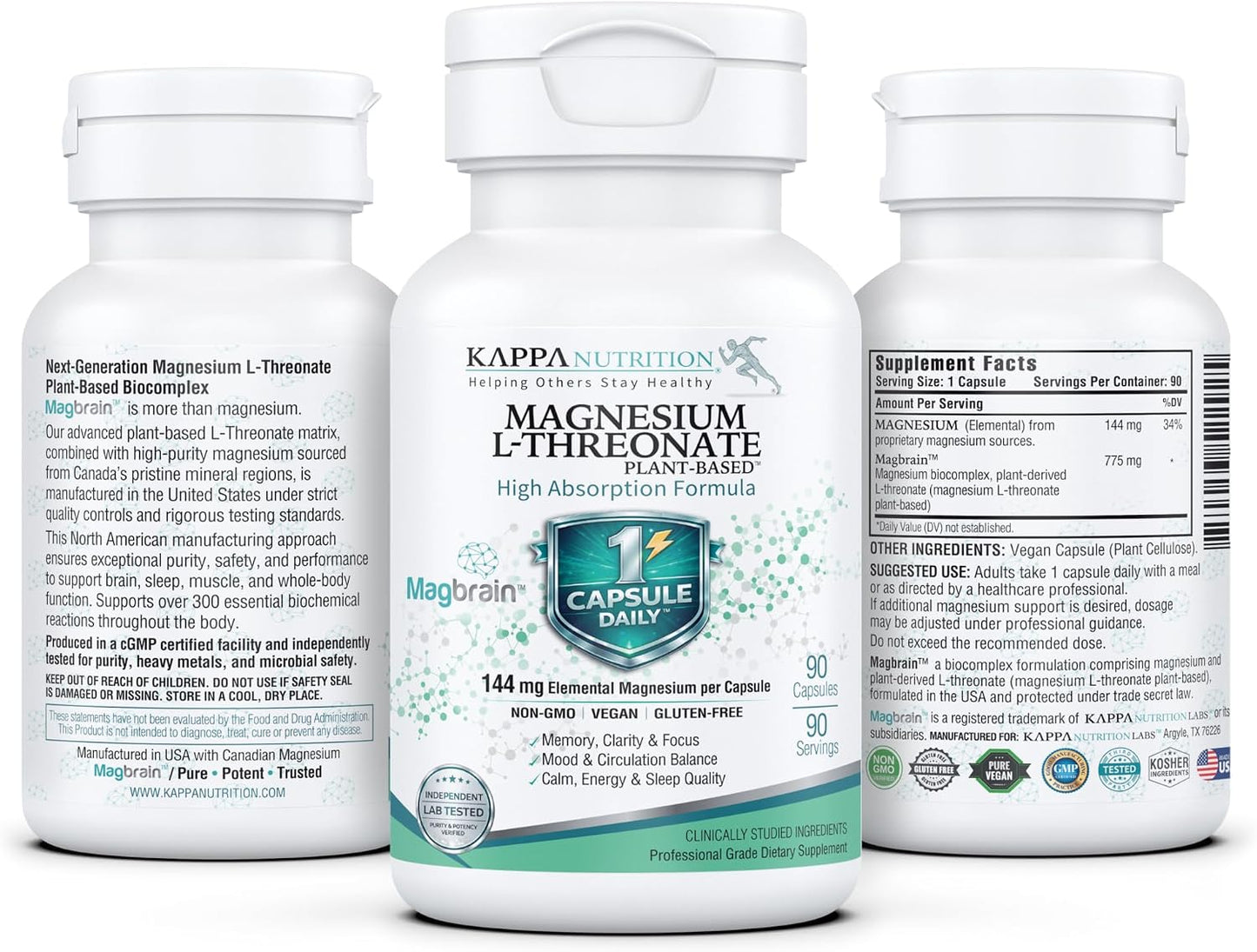 Kappa Nutrition, Magbrain® Plant‑Derived Magnesium L‑Threonate, 144 mg Elemental Magnesium, Brain & Nervous System Support, 60 Vegan Capsules, Once‑Daily Biocomplex.