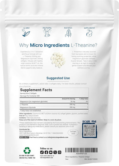L-Theanine 200mg with Magnesium Glycinate, 400 Coconut MCT Oil Softgels | 2-in-1 Amino Acid & Mineral Complex | Gentle Care All Day & Night