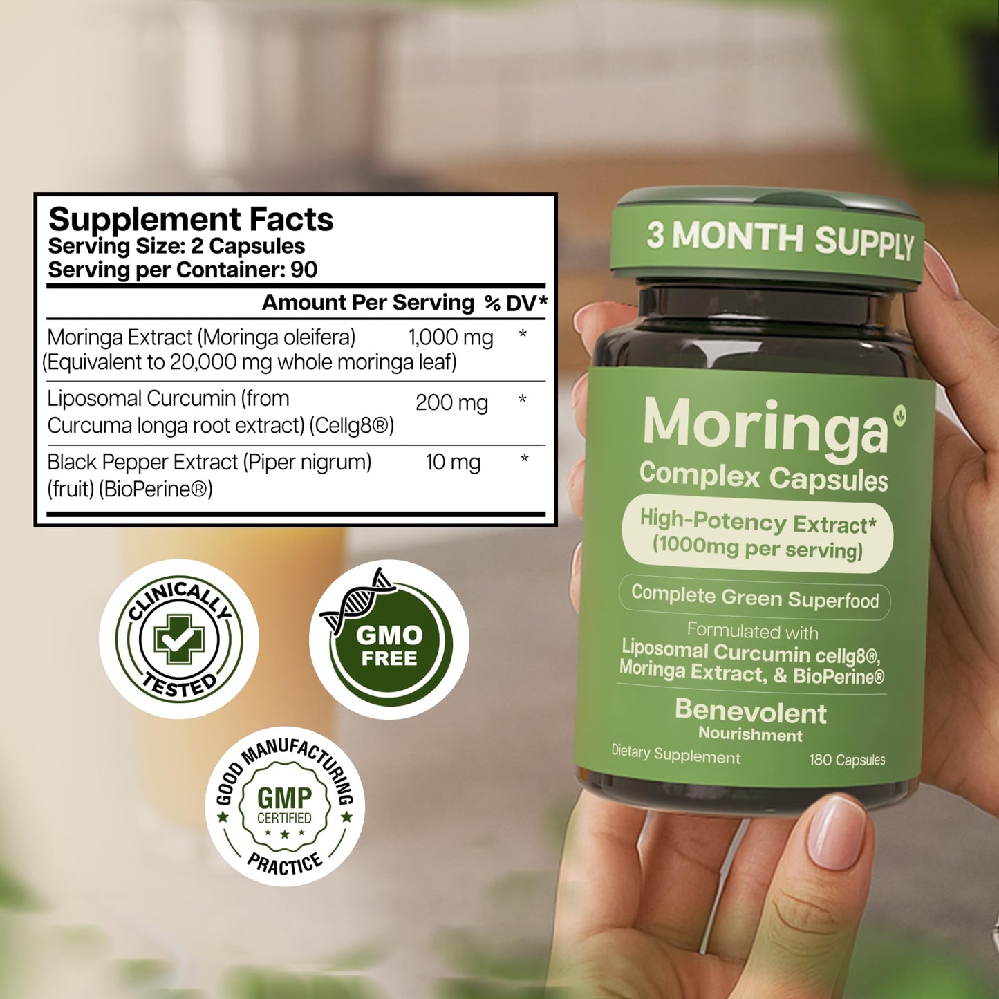 Benevolent Moringa Capsules with Liposomal Curcumin & BioPerine® – High-Potency Moringa Supplement for Antioxidant Support, Immune Resilience, Breastfeeding Support & Nutrient Absorption – 180 Count