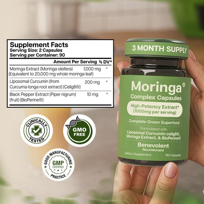 Benevolent Moringa Capsules with Liposomal Curcumin & BioPerine® – High-Potency Moringa Supplement for Antioxidant Support, Immune Resilience, Breastfeeding Support & Nutrient Absorption – 180 Count
