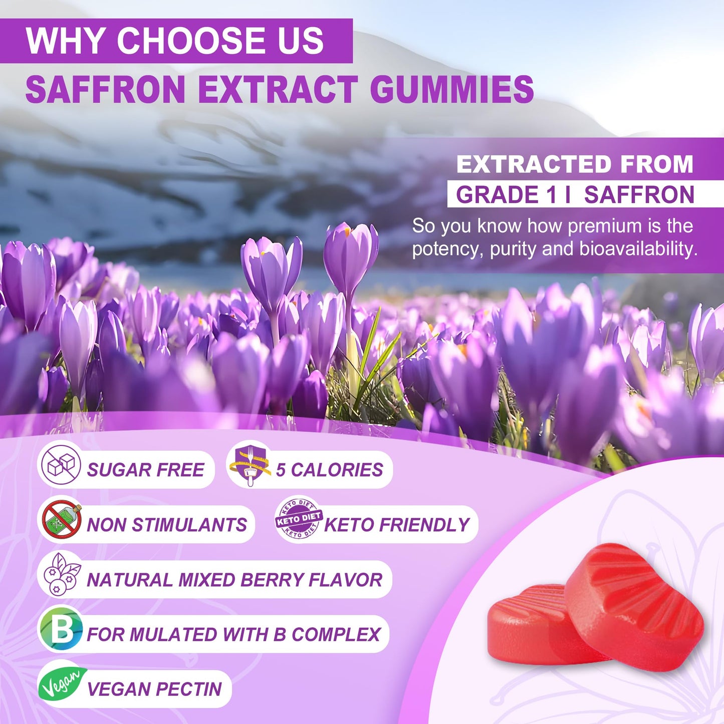Saffron Supplements Gummies 100mg - 100% Pure Saffron Extract with Magnesium Glycinate, L-Theanine, Turmeric, Ashwagandha, Honey & Vitamin B Complex for Mood & Power, Antioxidant, Vitality - 60 Count