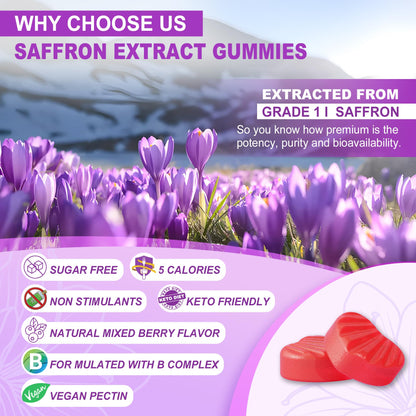 Saffron Supplements Gummies 100mg - 100% Pure Saffron Extract with Magnesium Glycinate, L-Theanine, Turmeric, Ashwagandha, Honey & Vitamin B Complex for Mood & Power, Antioxidant, Vitality - 60 Count