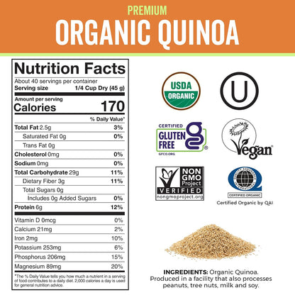 Viva Naturals Organic Quinoa, 4 lb – Pre-Washed Whole Grain, Plant Protein, USDA Organic, Gluten-Free, Non-GMO, Vegan, Kosher Rice and Pasta Substitute