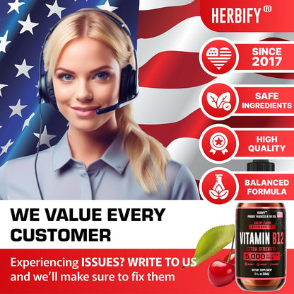 HERBIFY Vitamin B12 Methylated Multivitamin Energy Supplements for Women & Men - Liquid B12 Vitamins 5000 Mcg Methylcobalamin - Energy Support and Immune Health Liquid Vitamin - 30 Days Supply - 2 Oz