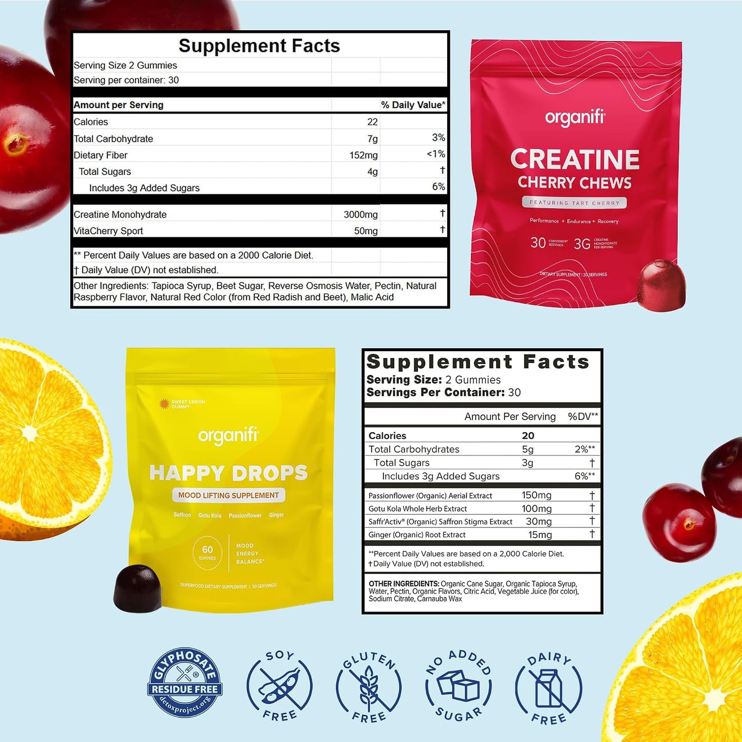 Organifi Strength and Mood Bundle - 30 Servings of Creatine Cherry Chews and Lemon Happy Drops - Delicious Creatine Monohydrate and Calming Saffron Gummies for Men and Women
