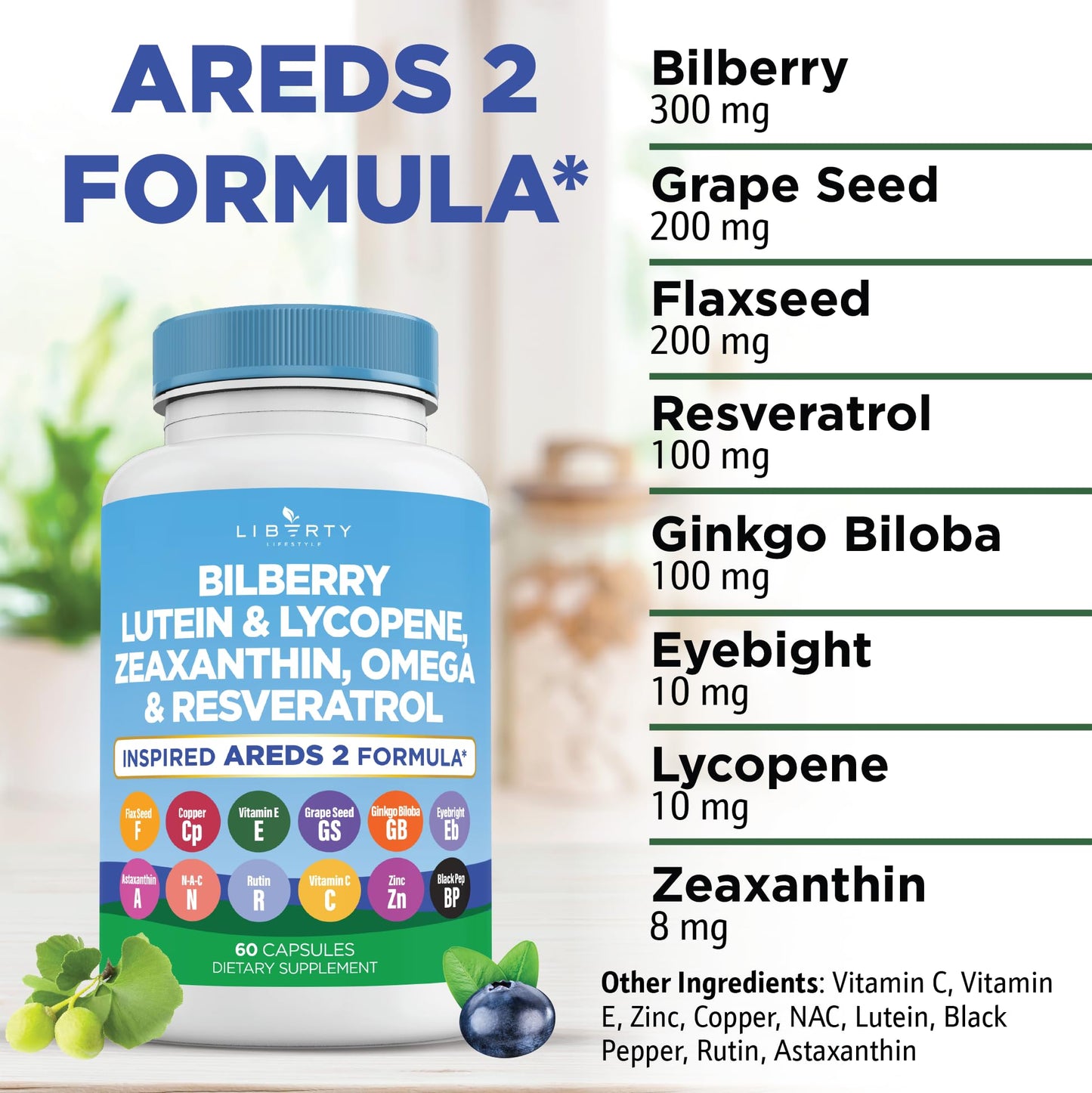 Liberty Lifestyle Eye Health Vitamins with Bilberry, Lutein & Zeaxanthin, Lycopene, Resveratrol, Grape Seed Extract Flaxseed Astaxanthin- AREDS 2-180 Capsules